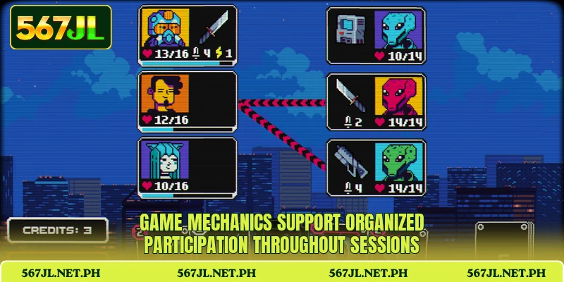 Game mechanics support organized participation throughout sessions